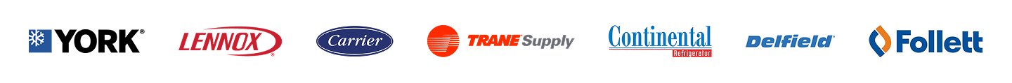 Logos of various HVAC and appliance brands including YORK, LENNOX, Carrier, Trane Supply, Continental Refrigerator, Delfield, and Follett