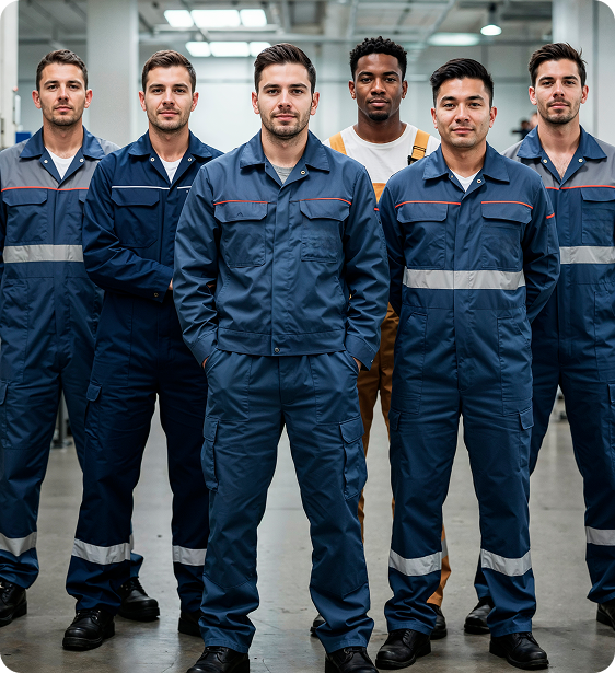 Group of six male factory workers standing in a line, wearing blue work uniforms with reflective stripes, inside an industrial setting.