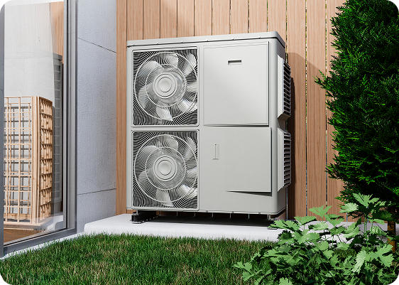 Outdoor air conditioning unit with two large fans, situated on a white platform next to a wooden wall and a green bush.