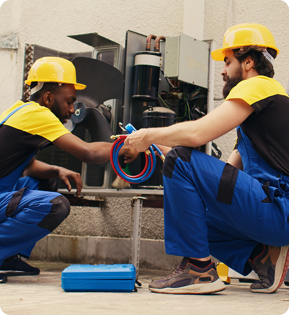 Two HVAC technicians wearing yellow safety helmets and blue uniforms working on an air conditioning unit, with tools and equipment nearby.
