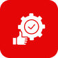 Icon of a hand with a gear and a checkmark inside a circle, representing process or quality assurance.