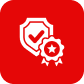 Red background with white shield, checkmark, and gear icons