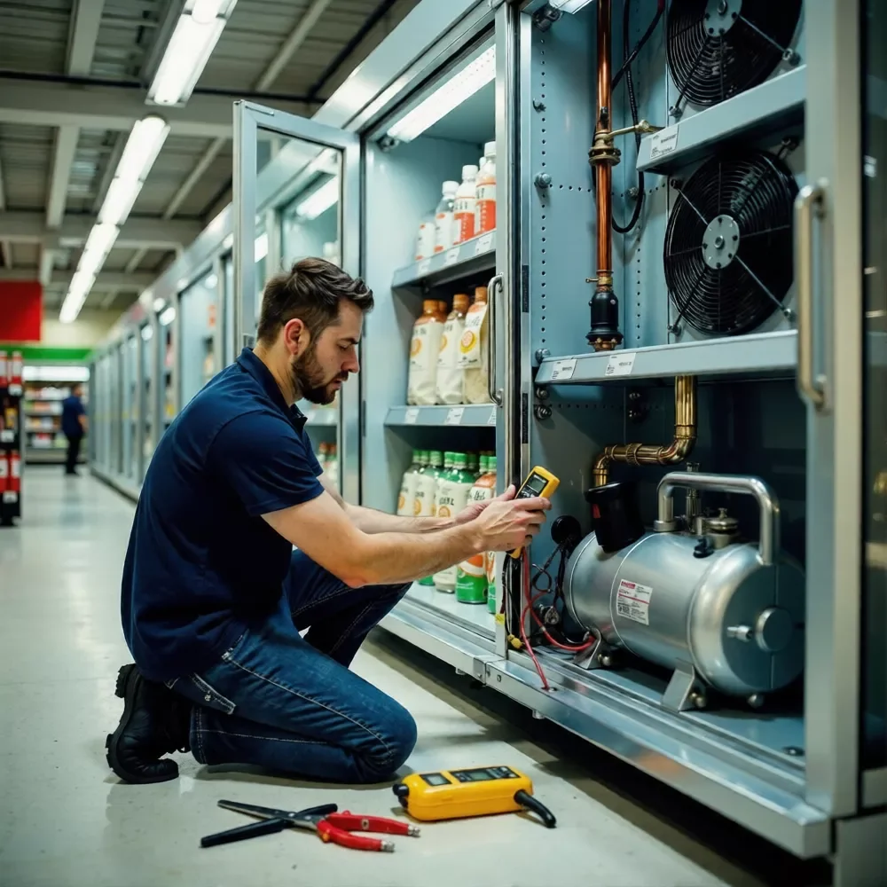 A technician kneeling and working on refrigeration equipment in a store aisle, using a testing device with tools like a multimeter and pliers nearby.