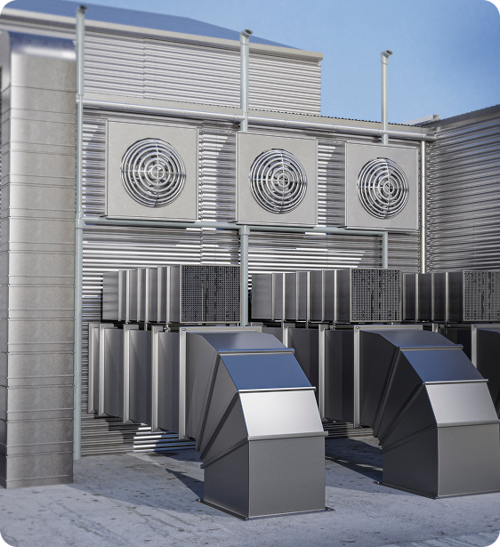 Industrial rooftop with HVAC units and exhaust fans