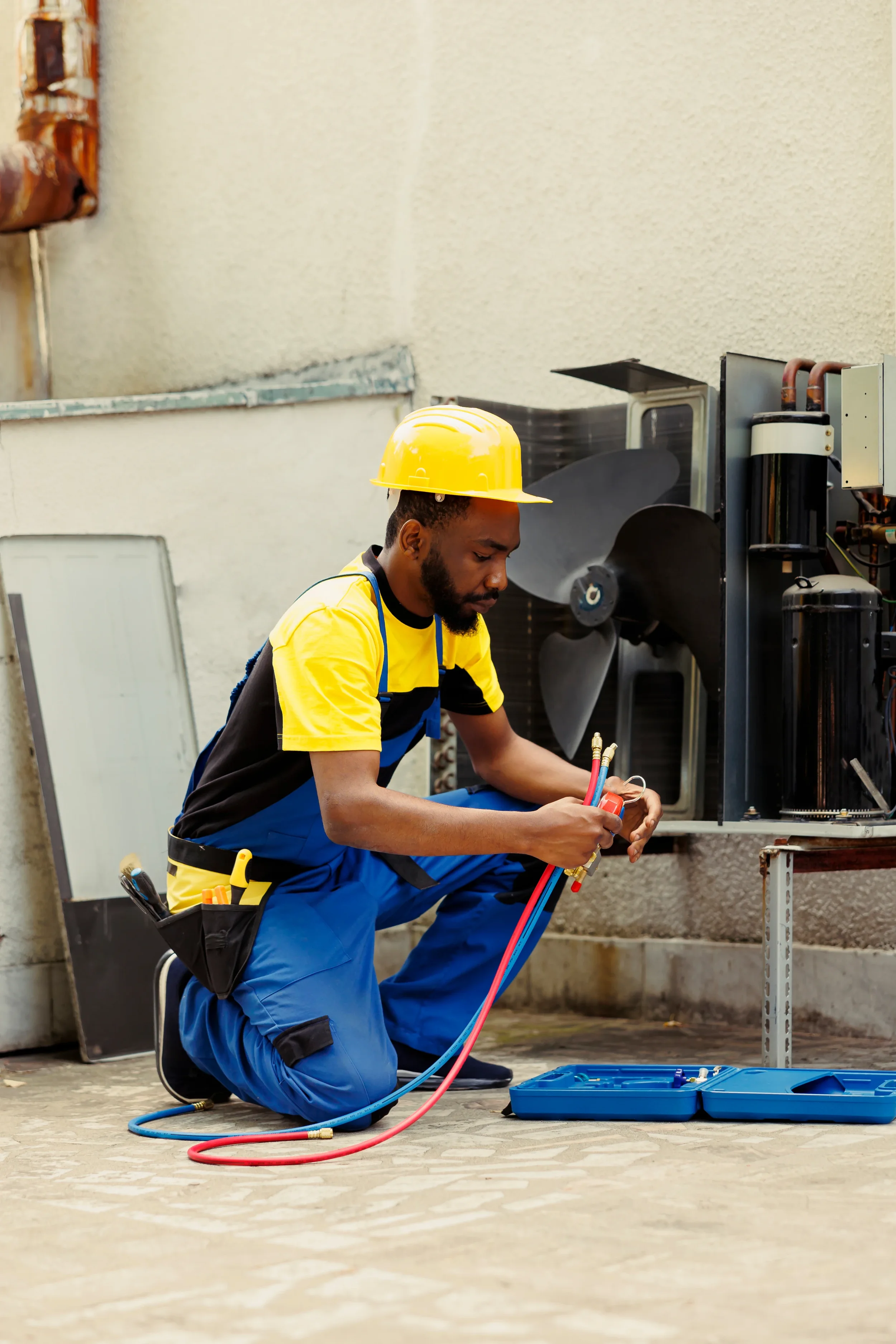 A technician in yellow and blue work uniform, wearing a yellow safety helmet, kneeling on the ground and working on an air conditioning or refrigeration unit with tools and gauges.