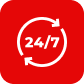 Red icon with white clock and 24/7 text indicating 24/7 open or service