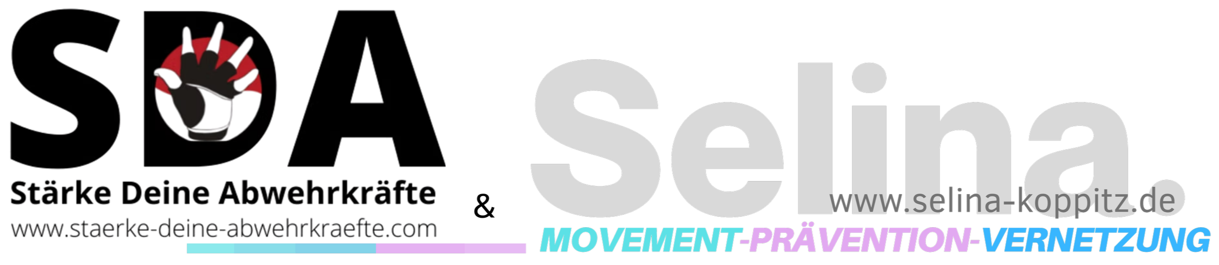 Das Logo der Webseite staerke-deine-abwehrkraefte.com mit einer Hand im Kreis und dem Text 'Selina' und 'MOVEMENT-PRÄVENTION-VERNETZUNG'