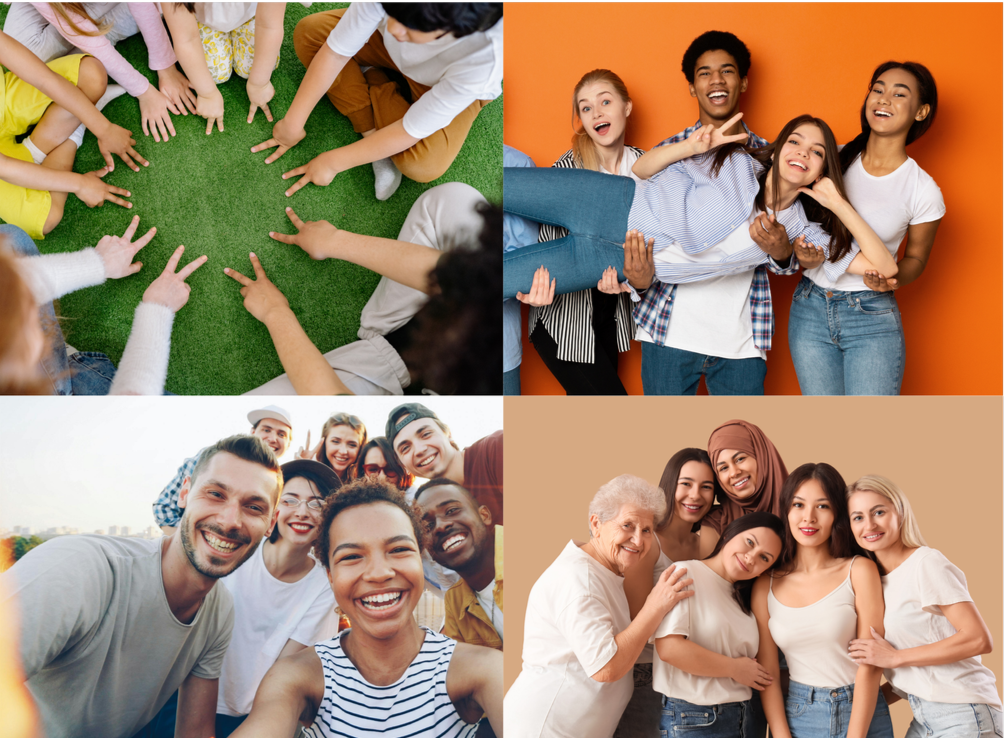 Vier Gruppen: Kinder spielen auf grünem Rasen, junge Leute lachen vor einer orangefarbenen Wand, eine diverse Gruppe junger Erwachsener lacht im Freien, eine ältere Frau mit jüngeren Frauen in einem Raum.