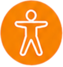 Ein weißes Symbol eines stehenden Menschen mit ausgestreckten Armen auf einem orangefarbenen Hintergrund.