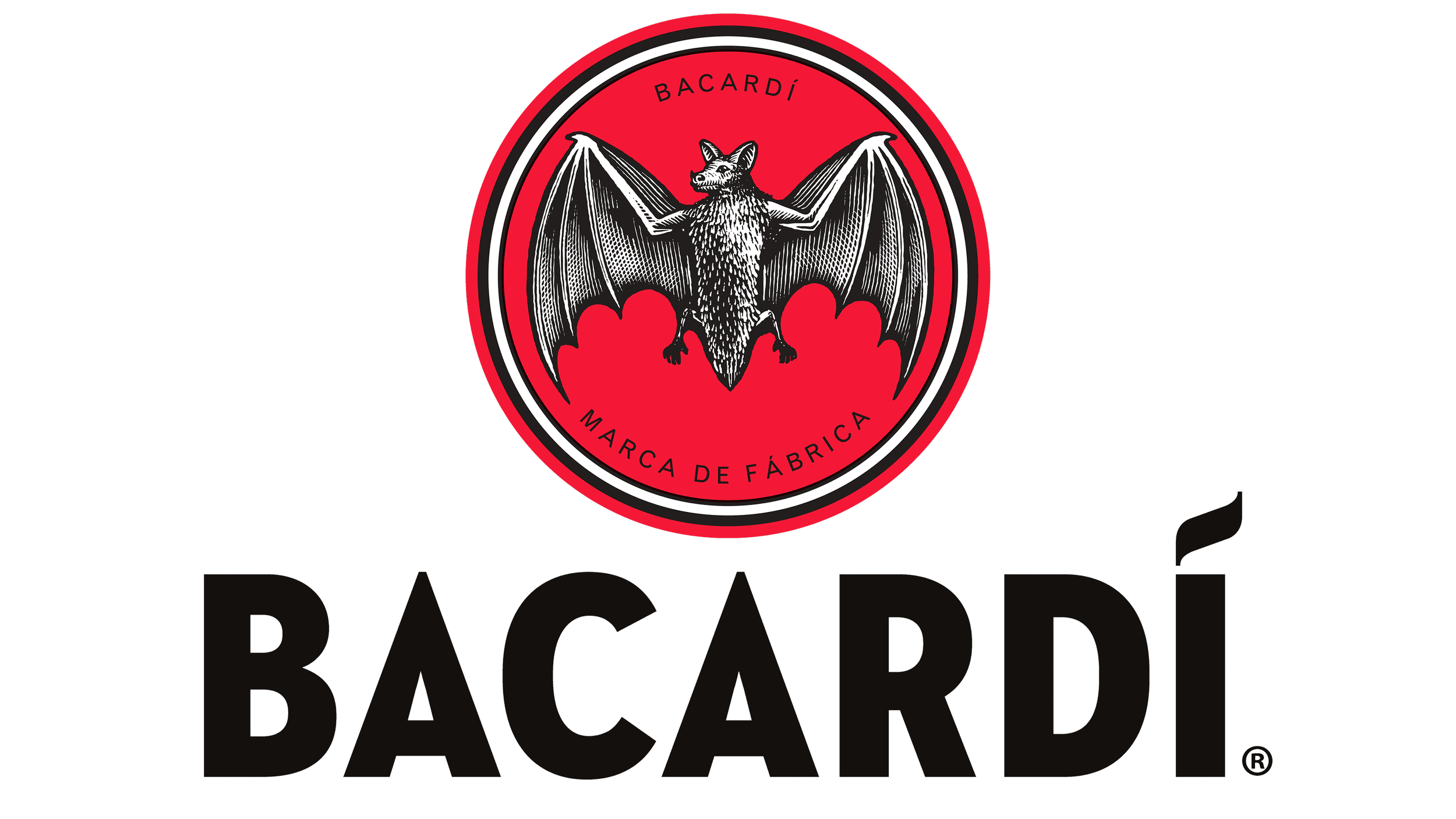 Bacardi logo featuring a black bat with outstretched wings, red circular background, and Bacardi text below.