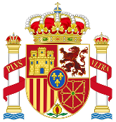 The Coat of Arms of Spain with a crown on top, featuring a shield with various heraldic symbols, including a lion, a castle, and a pomegranate, flanked by two columns with banners.