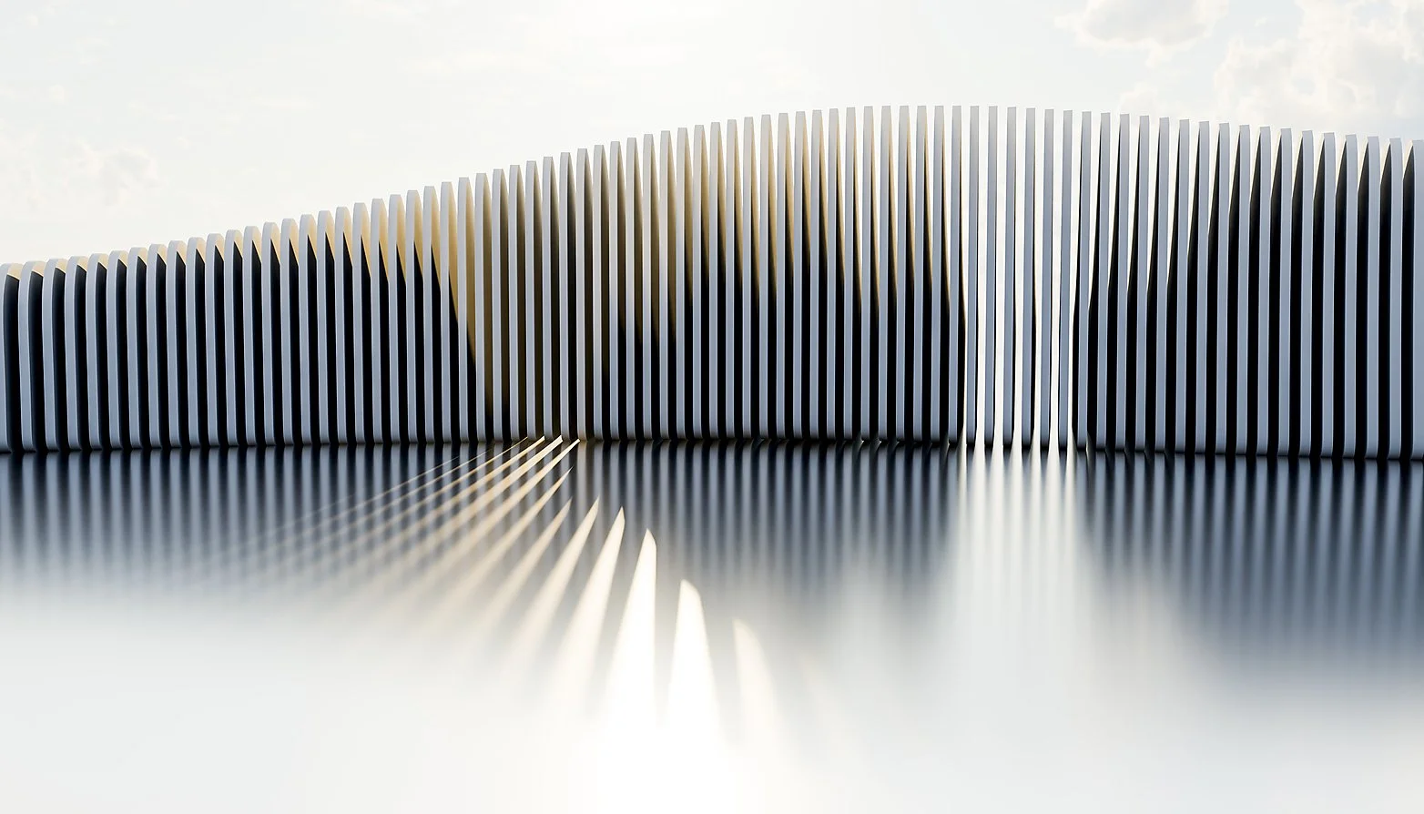 Close-up of white dominoes standing upright on a reflective surface, with some dominoes fallen, creating a cascading effect.