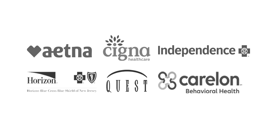 Collection of healthcare organization logos, including Aetna, Cigna, Independence Healthcare, Horizon, Mount Sinai, Augusta, and Carelon Behavioral Health. Aurora Mind psychiatric care for anxiety, ADHD, depression, bipolar disorder, and medication m