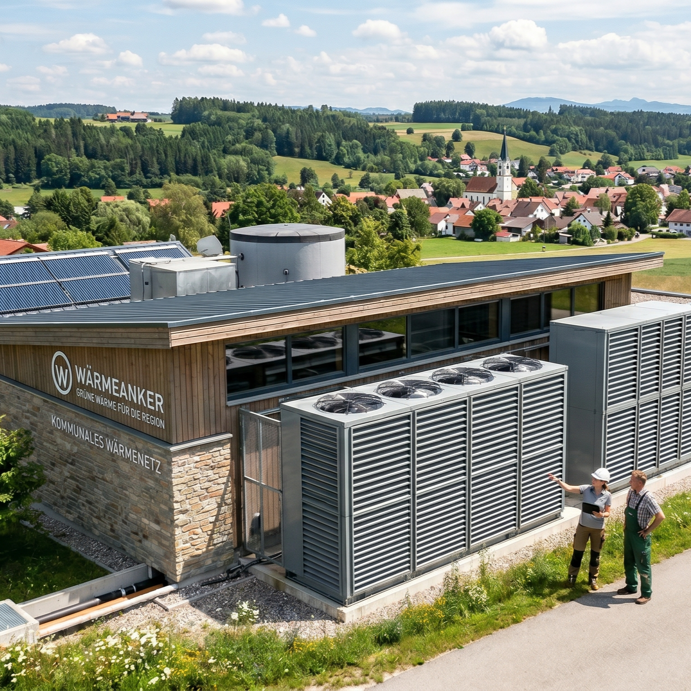 Zwei Personen sprechen vor einem Gebäude mit den Aufschriften 'Wärmeanker' und 'Kommunales Wärmenetz', umgeben von grüner Natur und einem ländlichen Dorf im Hintergrund bei sonnigem Himmel.