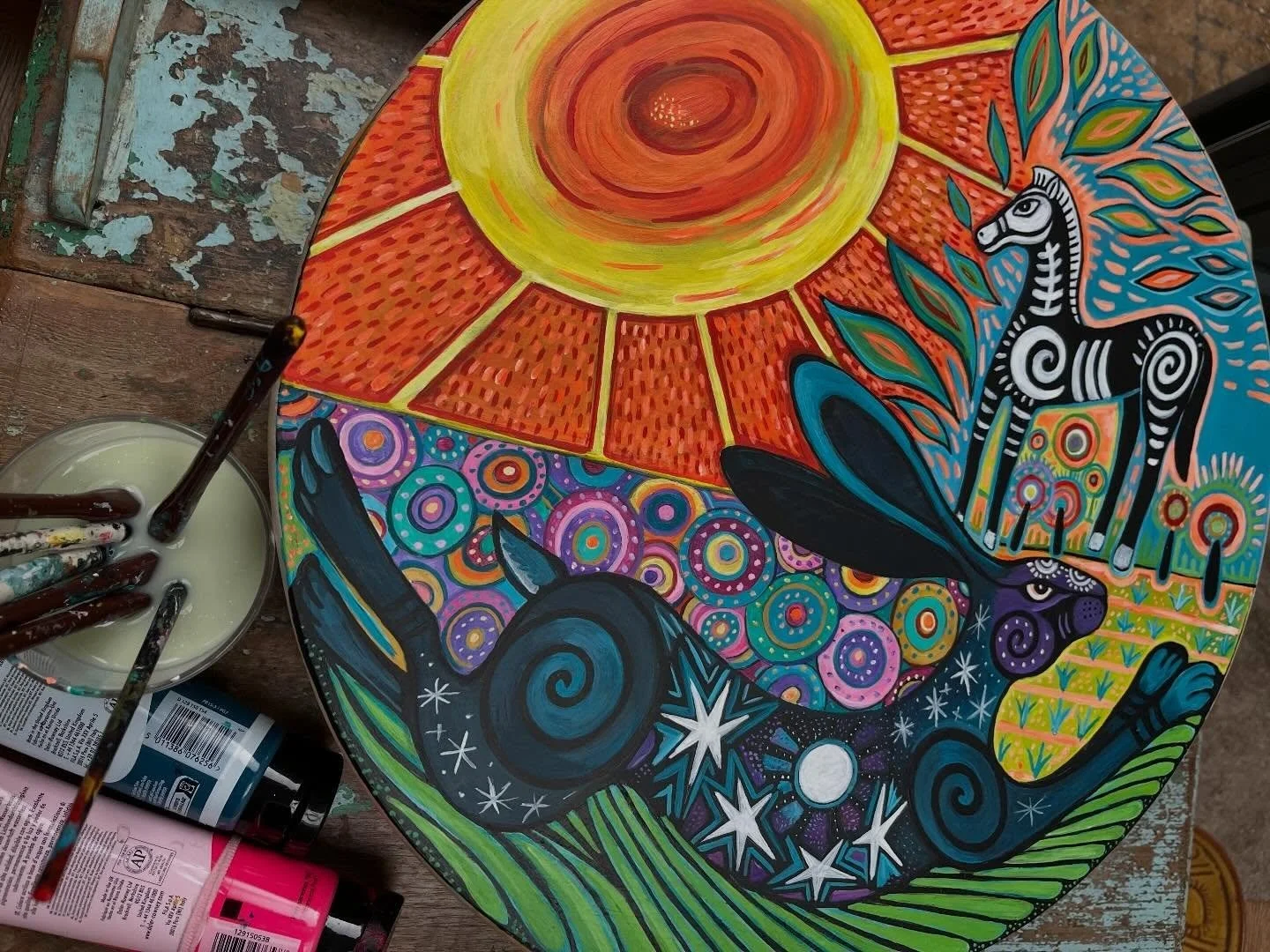 Working on some new designs for Shaman drums . 
.
.
.
#folkart #whimsicalart #shamanicdrum #energyart #intuitiveart