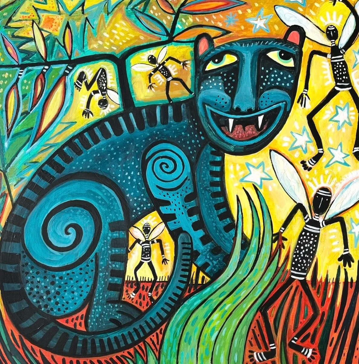 Title: Away With The Fairies 

Another addition to my new series of paintings. A mix of fantasy, folk, and shamanic artwork and symbolism.
.
.
.
#whimsicalartwork #folkart #storytellingart #funart #animalartwork