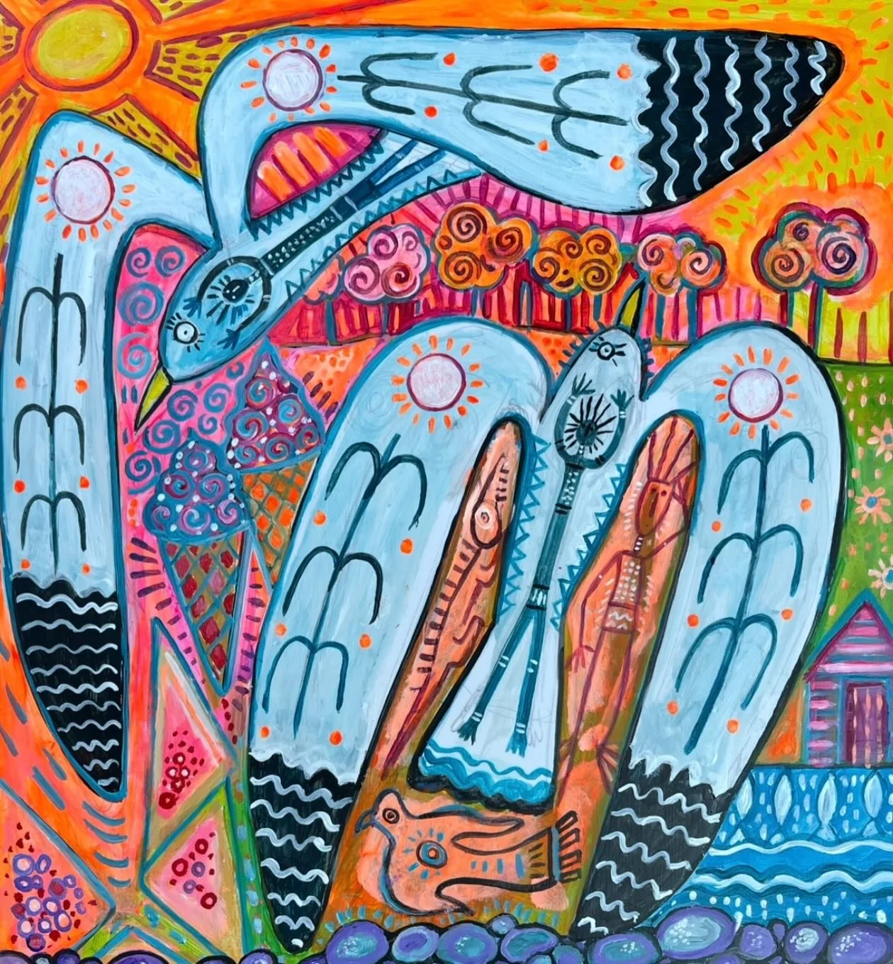 Title: Barry &amp; Gary seagull adventure.
.
.
.
.
#whimsicalart #folkart #shamanicart #storytellingart #funart