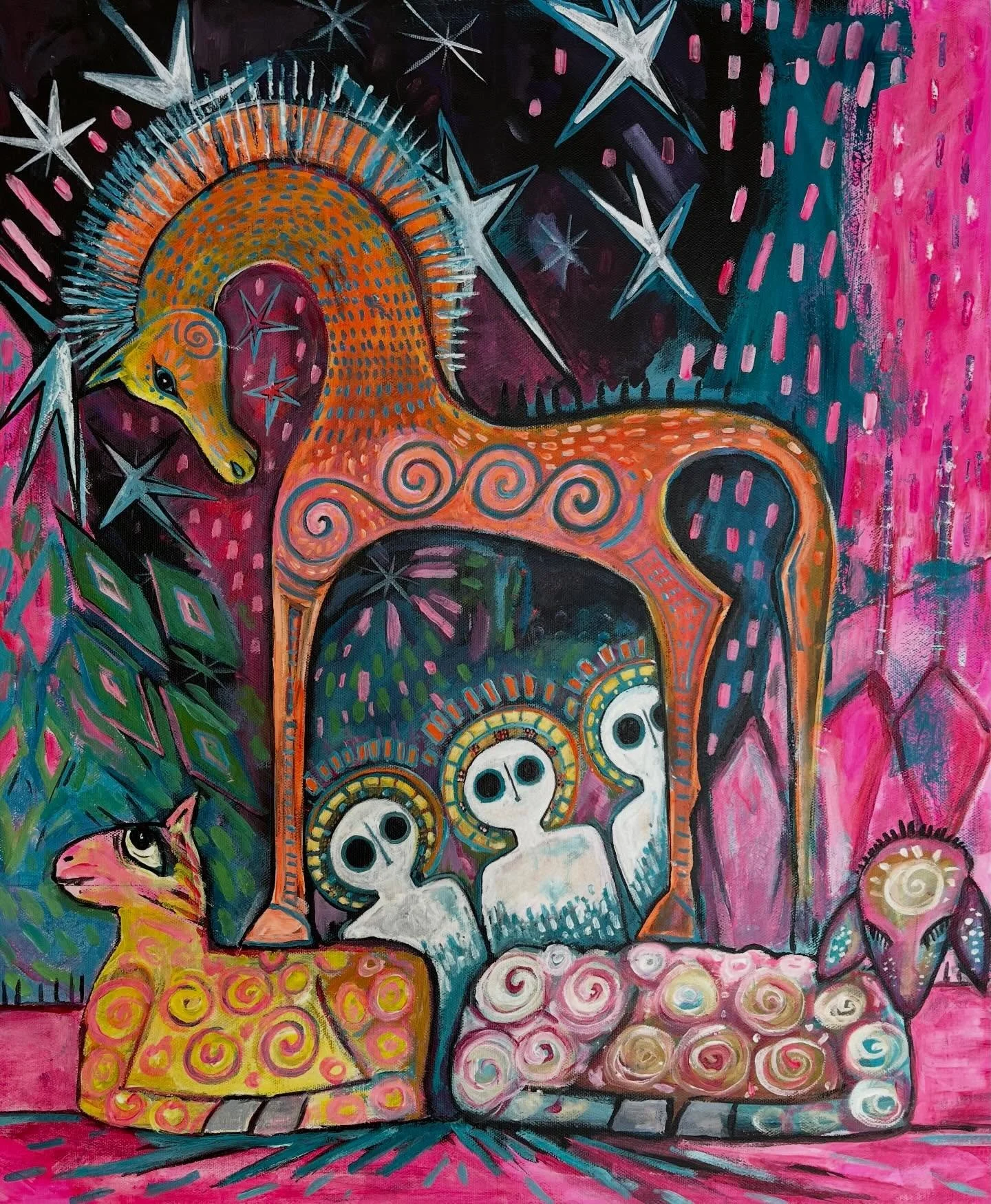 New painting .. titled The Trojan Horse &amp; the Aliens. This unique hand painted acrylic on canvas is inspired by folk art traditions and shamanic symbolism .
.
.
.
.

#folkart #shamanicart #storytellingart #uniqueartwork #funkyart