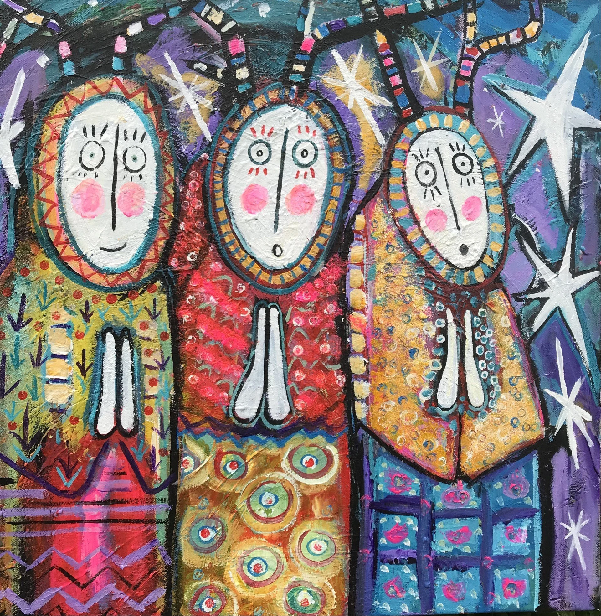 Three Wise Druids -Contemporary Folk Art, Whimsical Home Decor - Original Acrylic Painting,