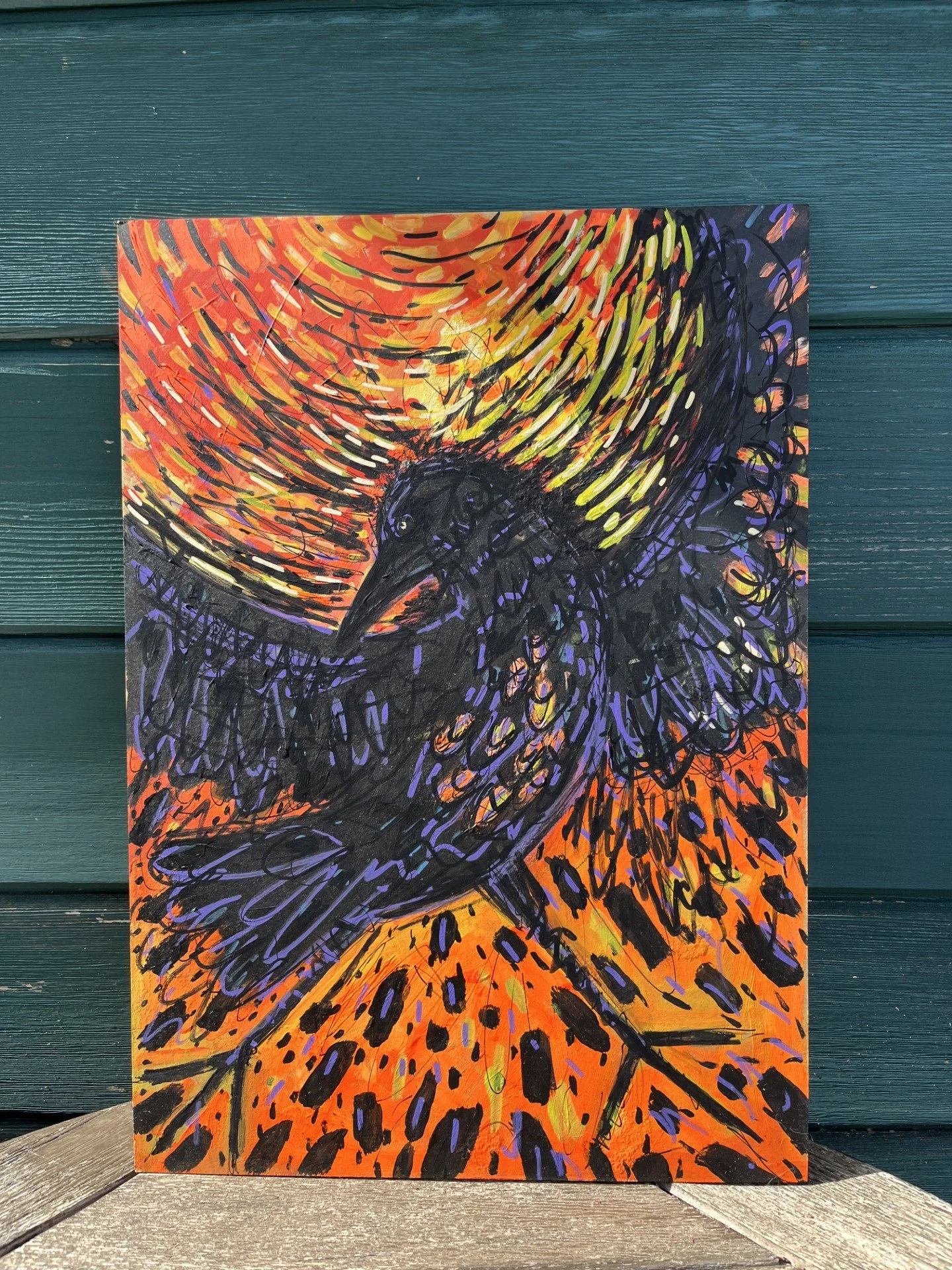 Stoned Crow -Fragments | Original Mixed Media Crow Painting Contemporary Folk Art