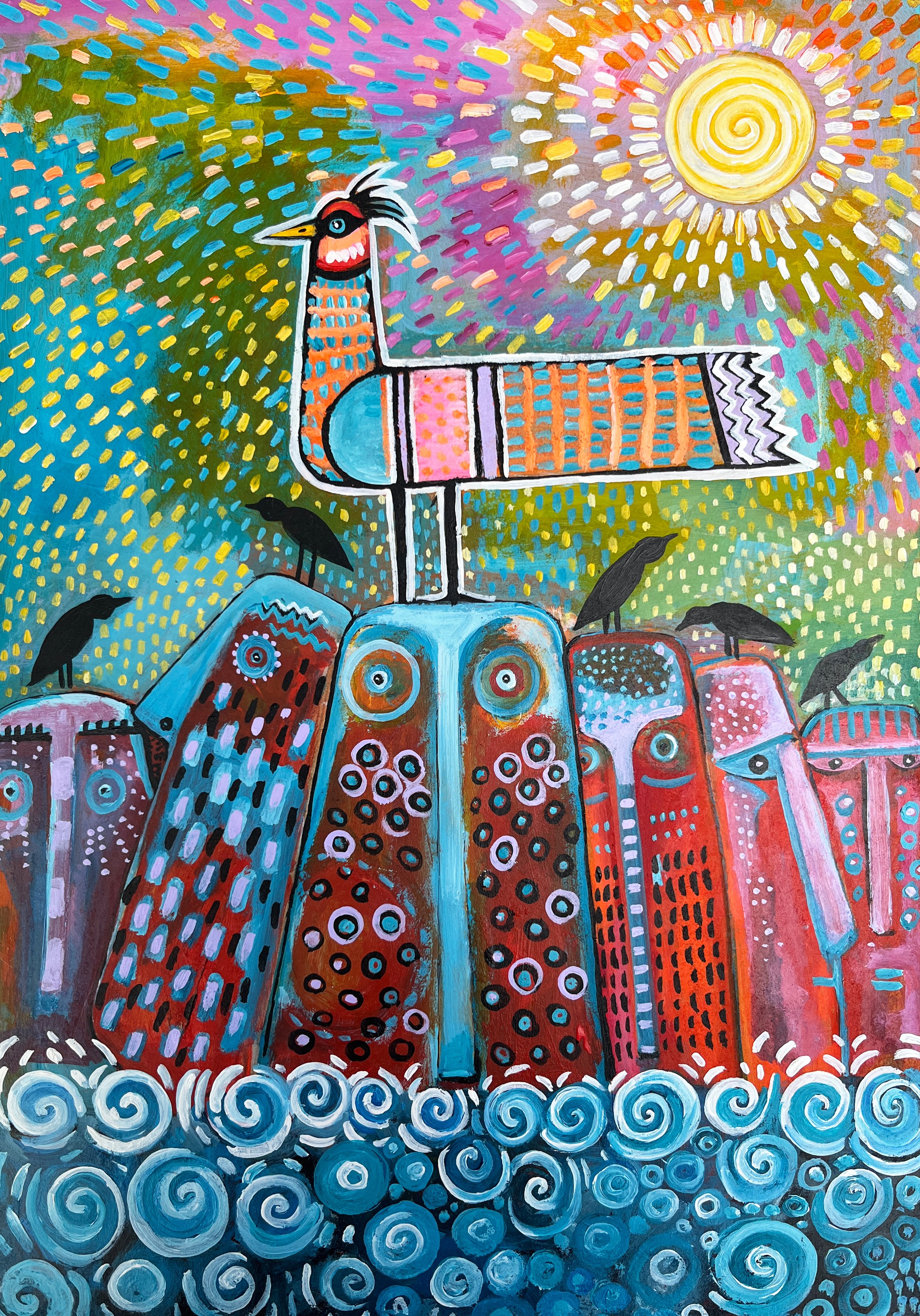 Keeping your Head Above Water -Original Acrylic Bird Painting & Fine Art Print | Contemporary Folk Art | A3