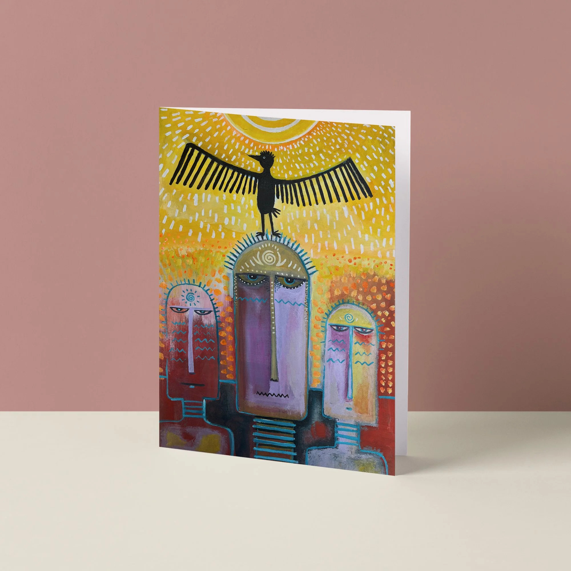 Hand Painted Folk Art Greeting Card - The Watchers