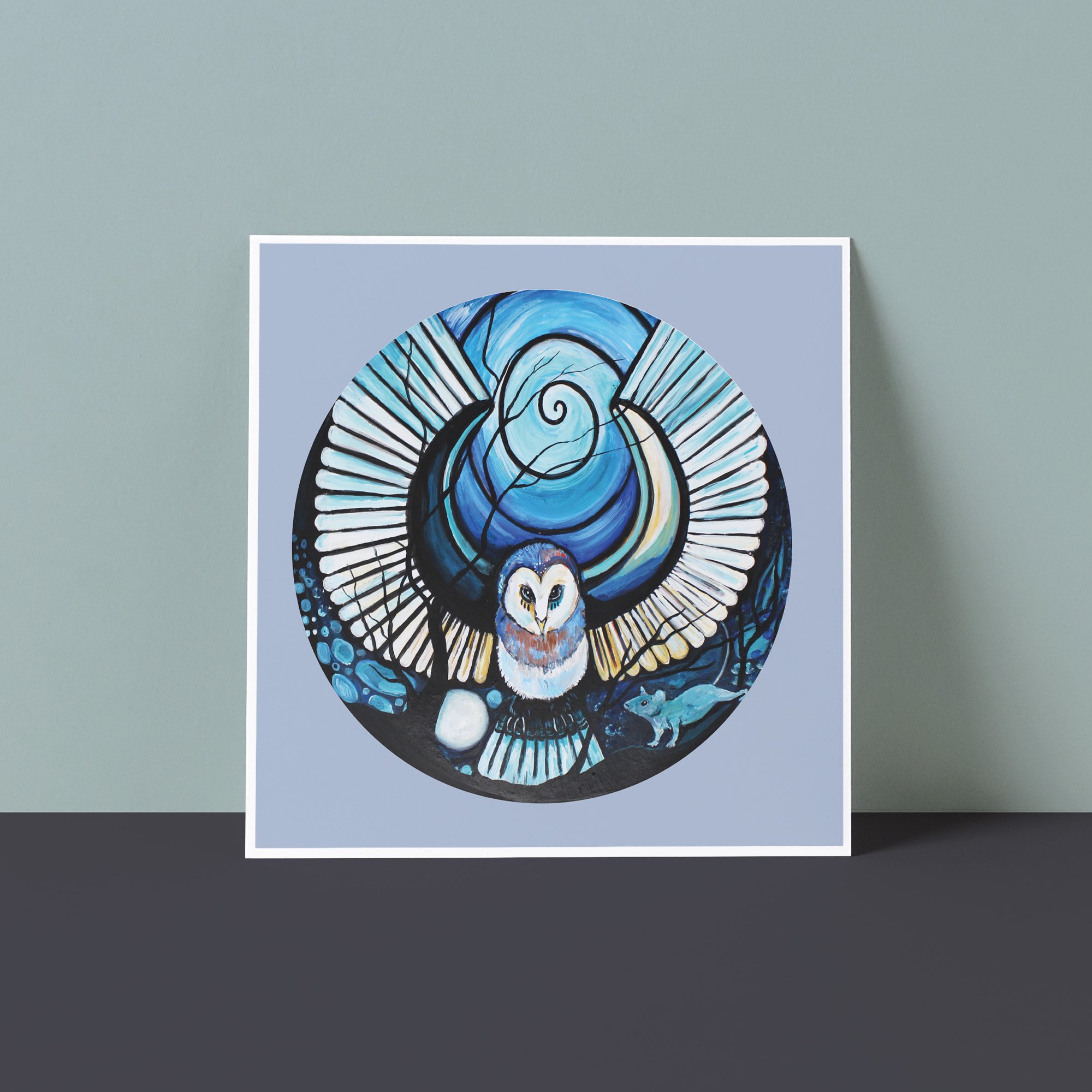 Hand Painted Folk Art Greeting Card - Owl & Mouse
