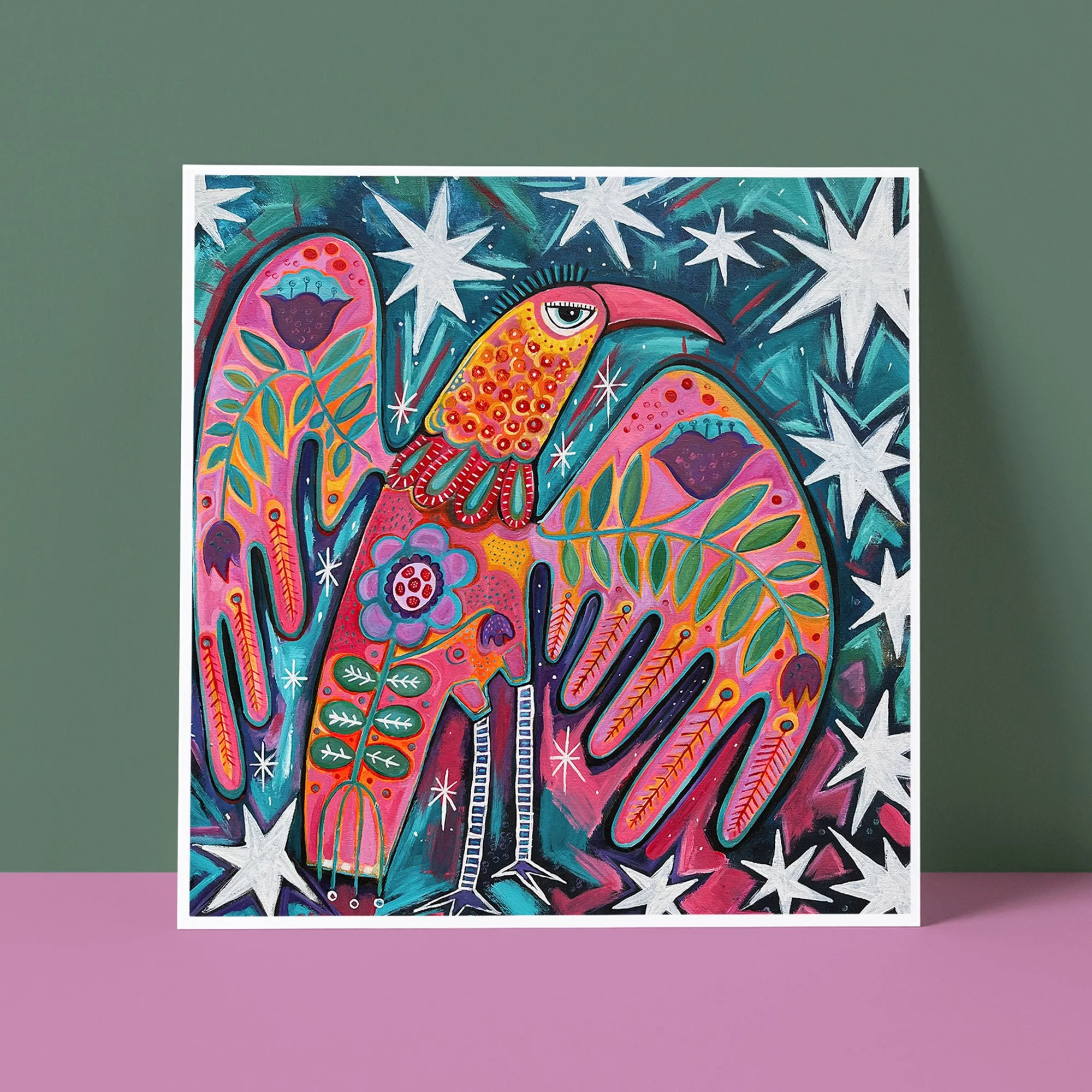 Hand Painted Folk Art Greeting Card - A Flock Of Glam