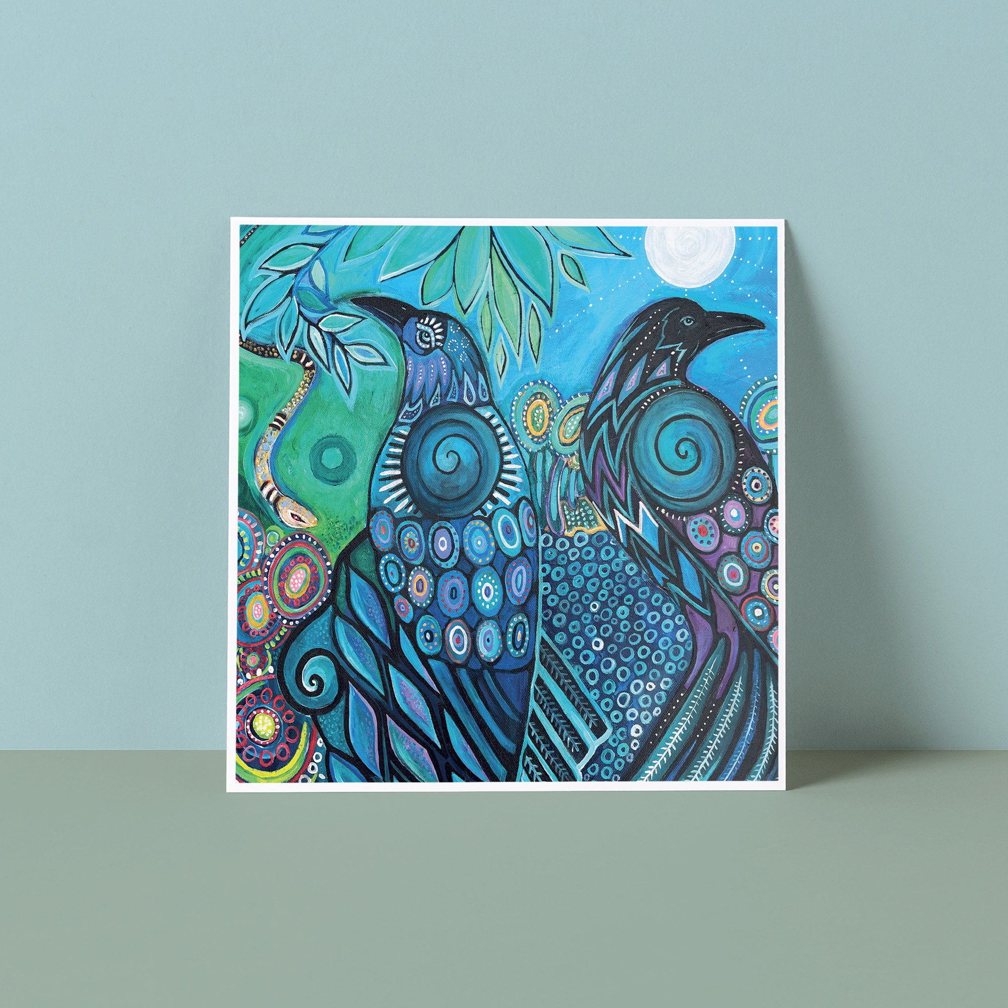 Hand Painted Folk Art Greeting Card - Mystical Crows