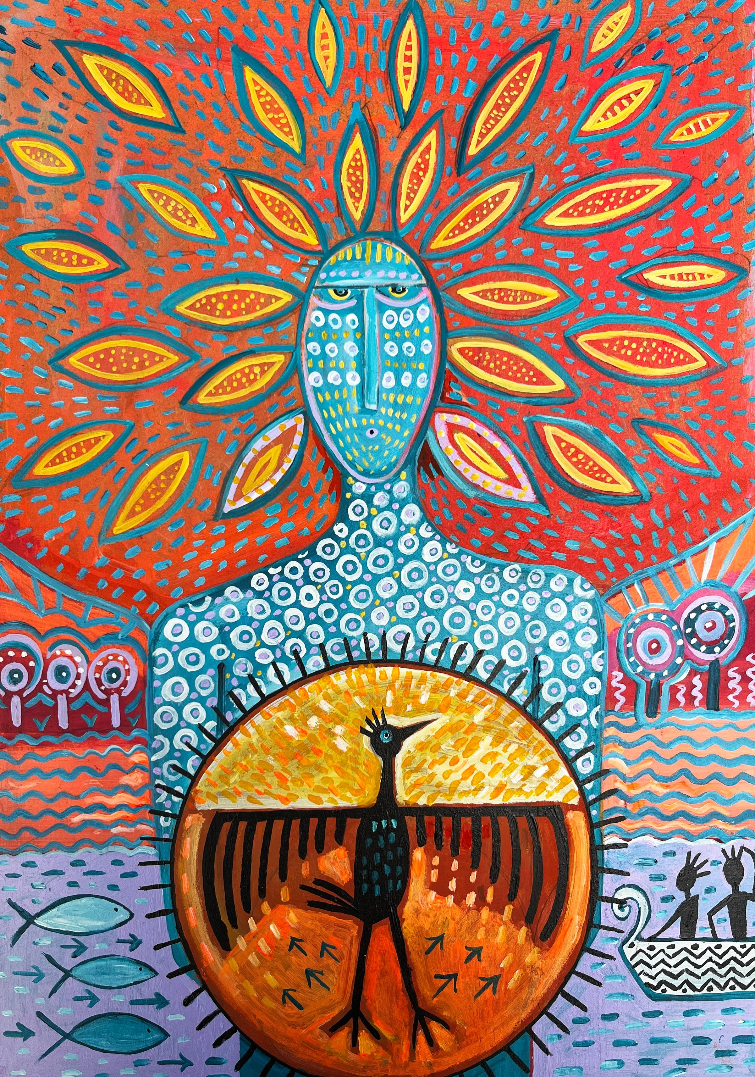 Earth DJ - Original Acrylic Figure Painting & Fine Art Print | Contemporary Folk Art | A3