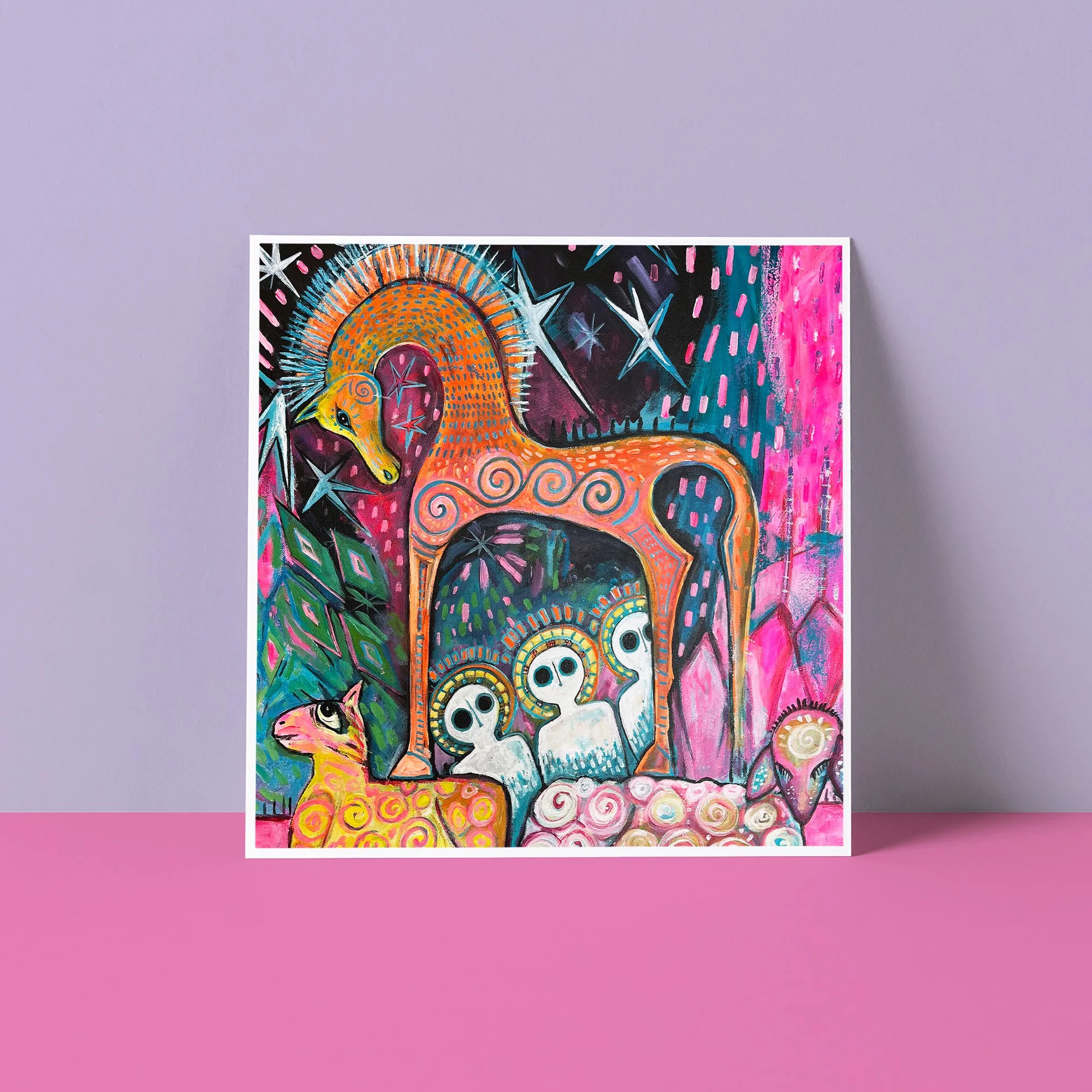 Hand Painted Folk Art Greeting Card - Trojan Horse & The Alien