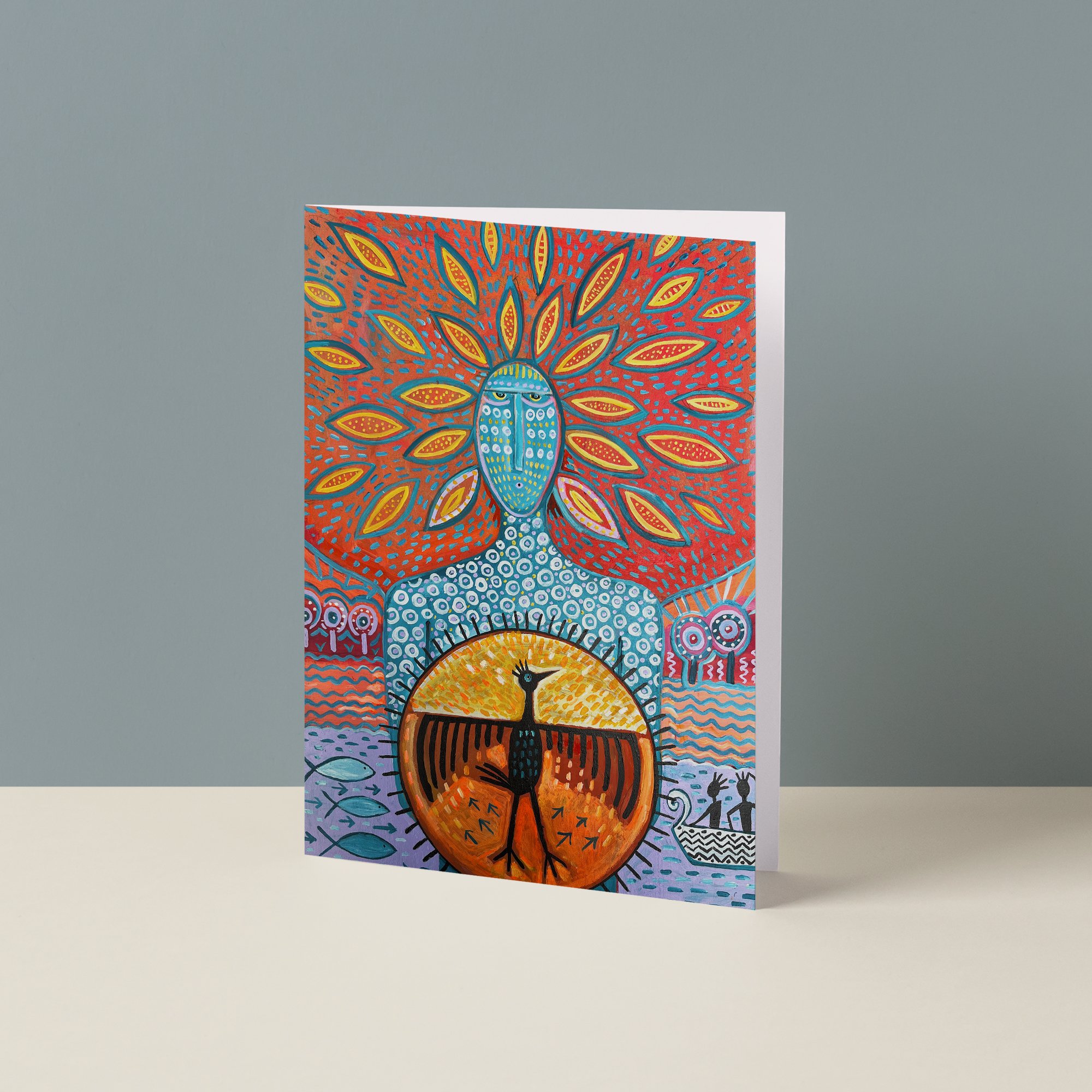 Hand Painted Folk Art Greeting Card - Earth DJ