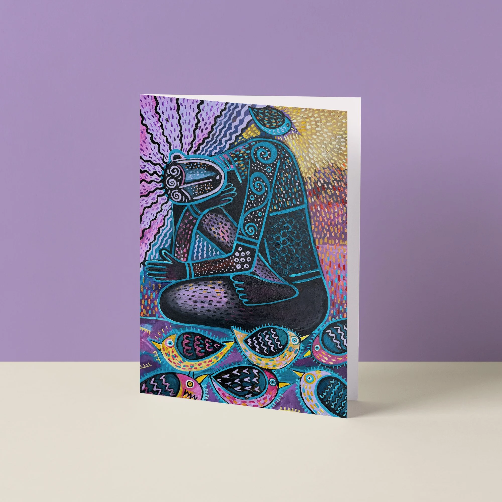 Hand Painted Folk Art Greeting Card - Whispers Of The Birds