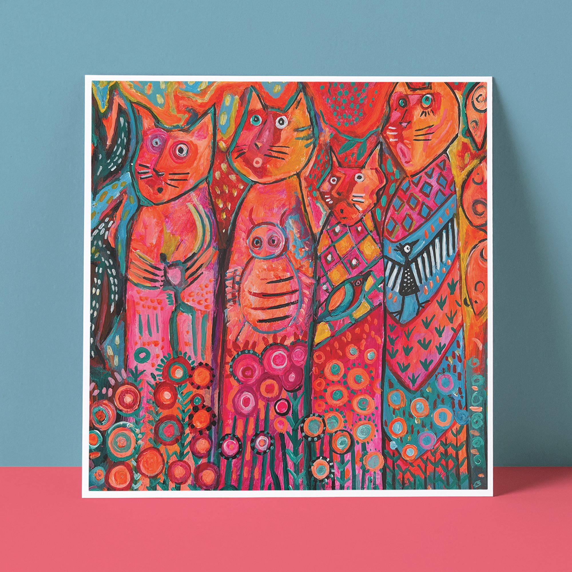 Hand Painted Folk Art Greeting Card - Cat Dreams