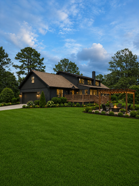 A modern house with a wooden deck, lit fire pit, lush green lawn, and tall trees under a partly cloudy sky during dusk.