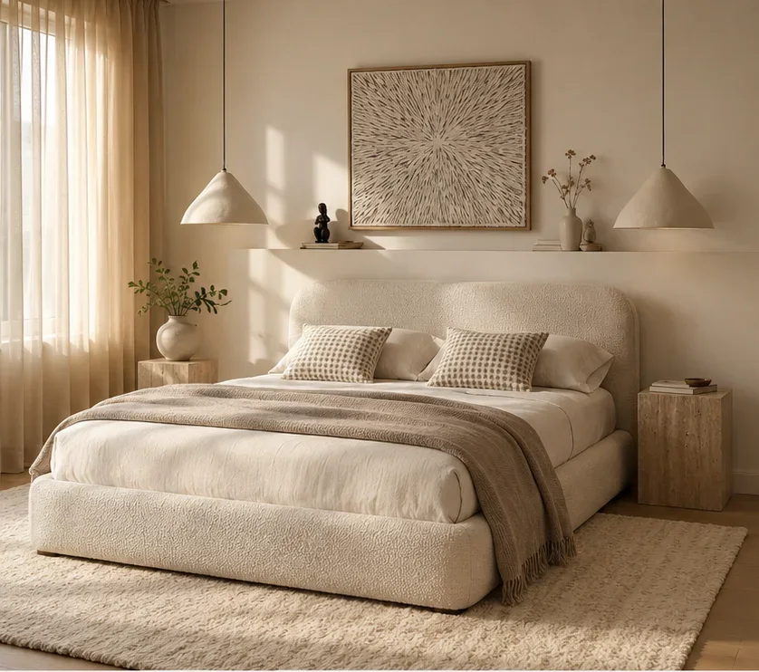 A cozy bedroom with beige tones, featuring a bed with a textured headboard, two pillows, a blanket, and a rug. There are two pendant lights, a nightstand with a book, and decorative plants on shelves.