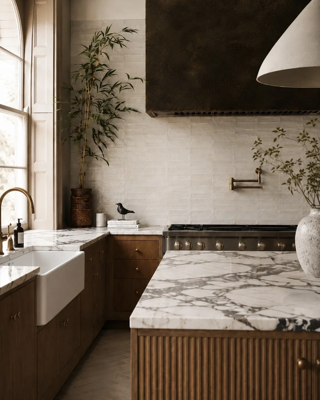 A modern kitchen with a large window, marble countertops, wooden cabinets, a white farmhouse sink, a black bird figurine on a stack of books, potted plants, a stainless steel stove, and a textured black hood.