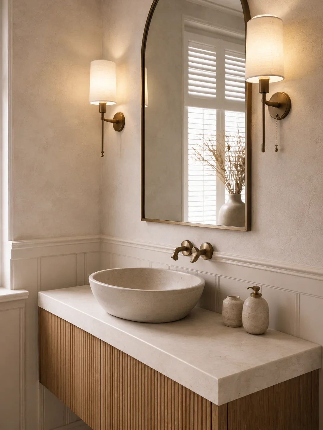 A modern bathroom vanity with a round stone vessel sink, a wall-mounted faucet, and a large mirror. The vanity has a wood-paneled front, and a window with white shutters is reflected in the mirror, along with a vase of dried branches. Two wall sconces with white shades and pull chains flanking the mirror provide lighting.