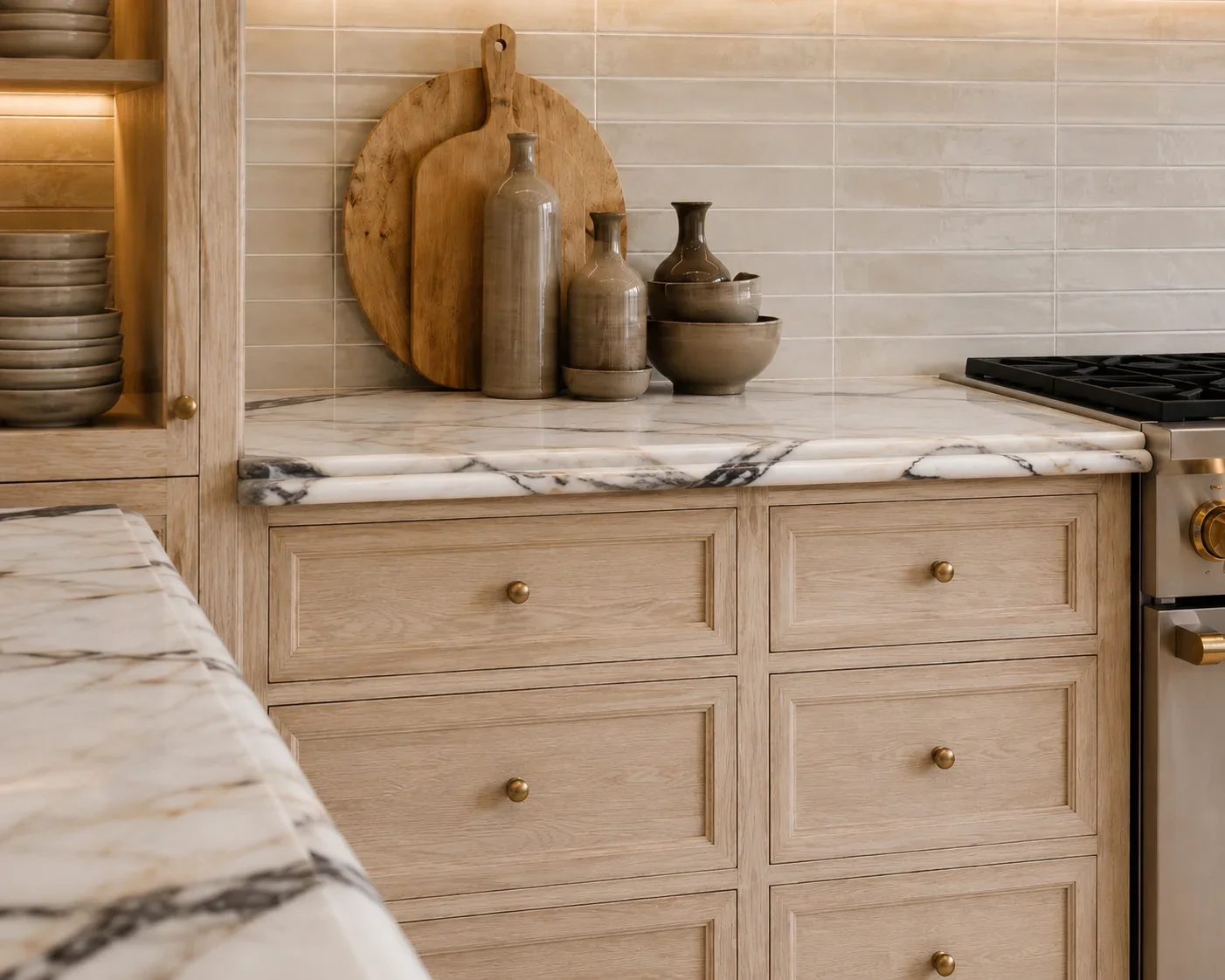 A bespoke kitchen with marble countertop with decorative ceramic vases and bowls, wooden cutting boards, and nearby stone cabinets with marble countertops, next to a stove.