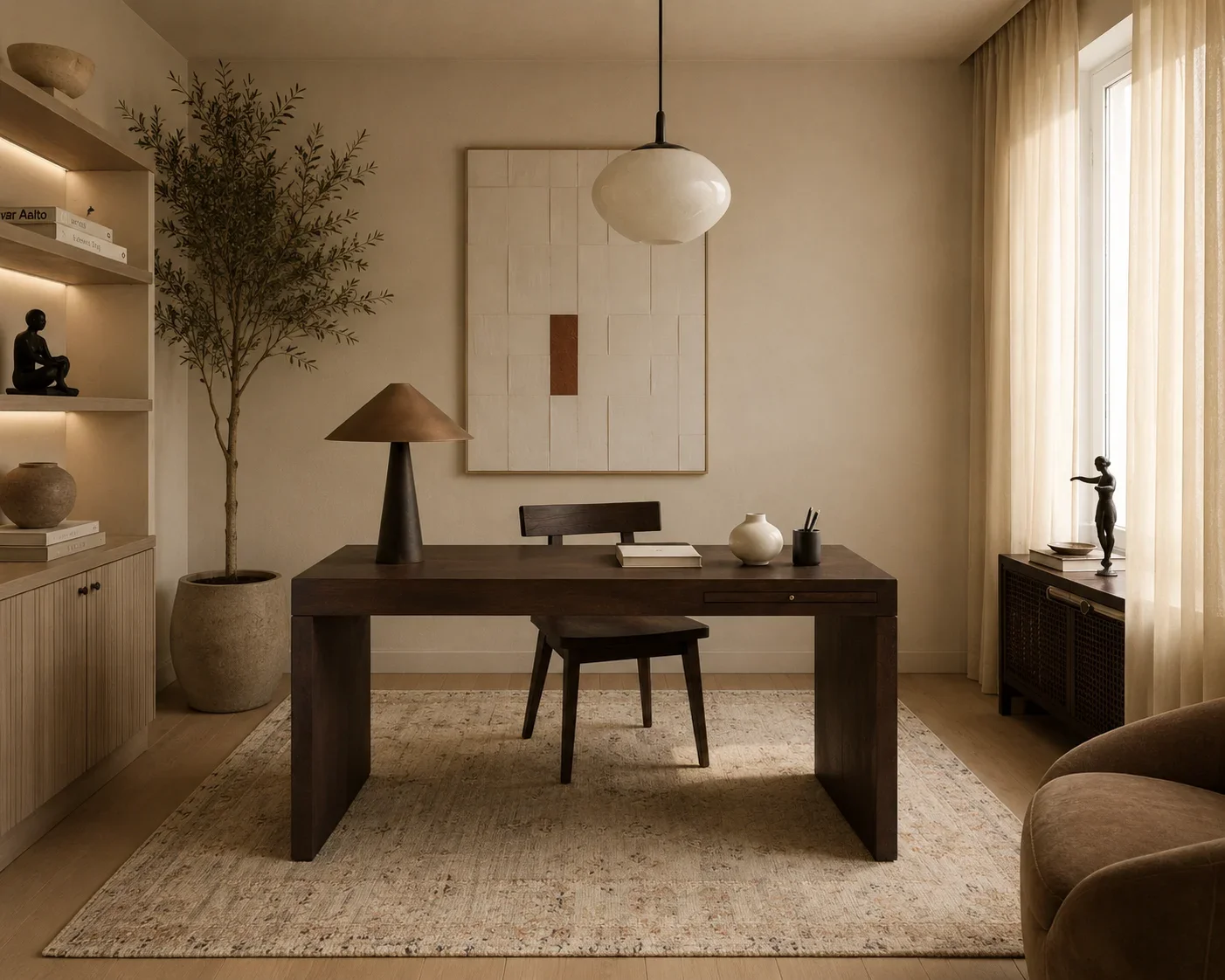 A minimalist home office with a dark wooden desk, a matching chair, a potted tree, and decorative sculptures. Natural light filters through sheer curtains.