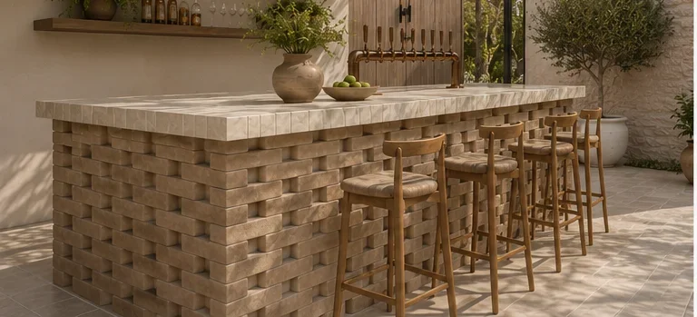 Luxury outdoor bar and terrace design featuring a bespoke stone-clad bar, timber seating, pergola with climbing greenery, and elegant lounge furniture creating a sophisticated alfresco entertaining space.