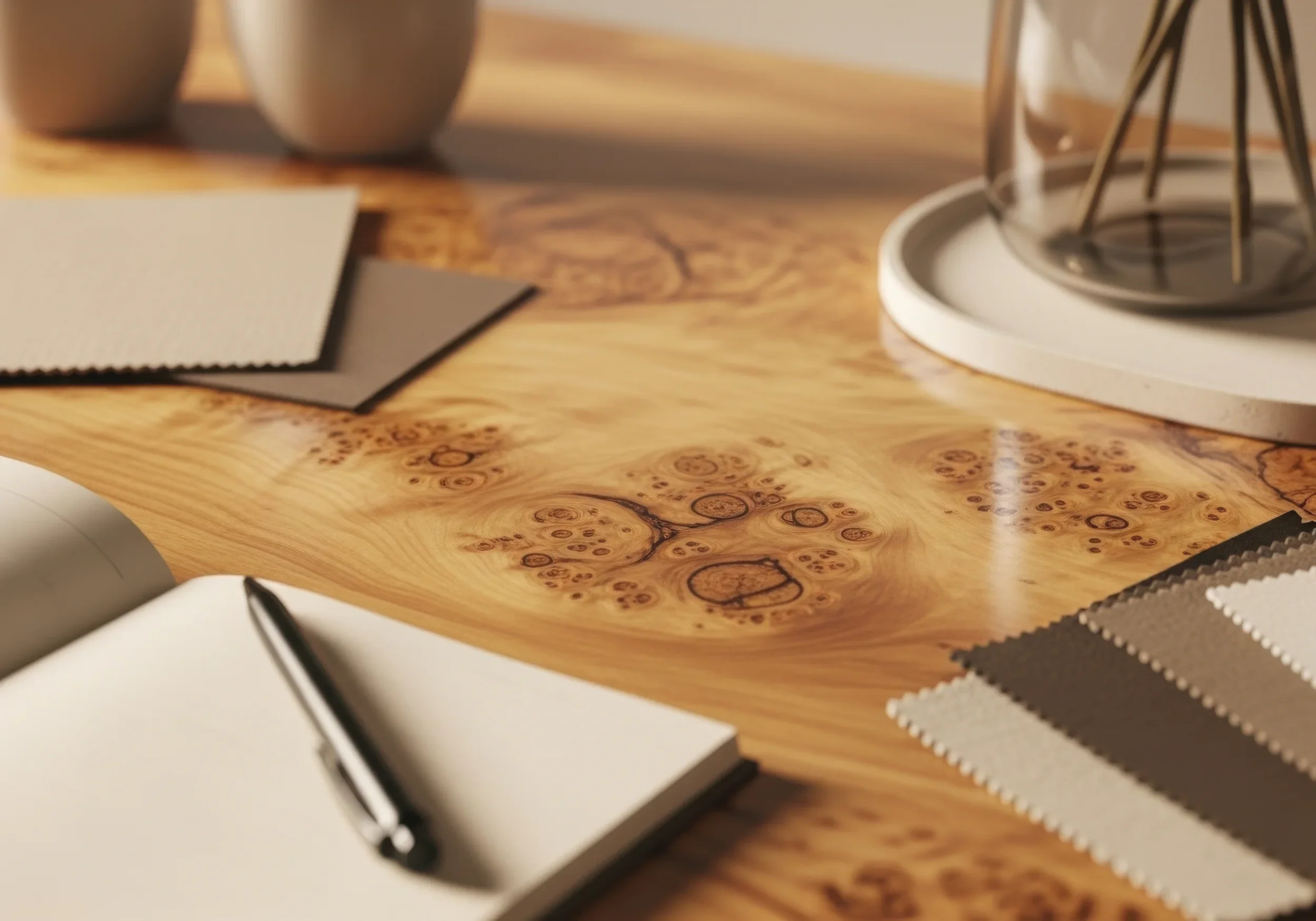 Close-up of a wooden table with color samples and a jewelry design on paper.
