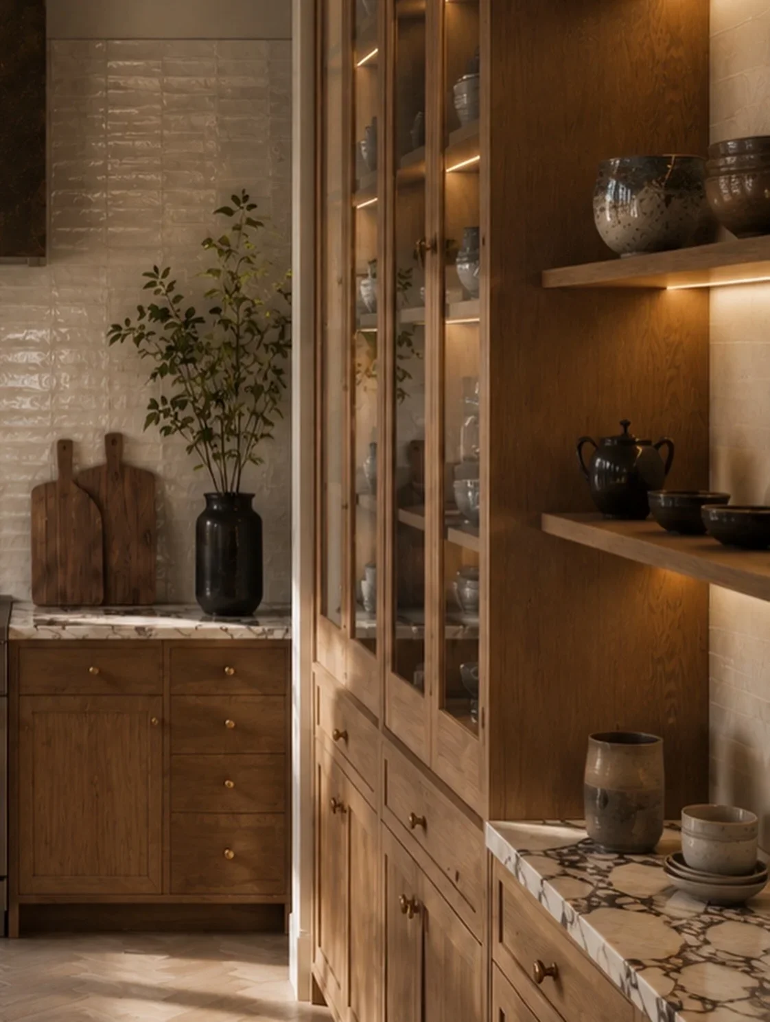 Luxury kitchen interior featuring rich walnut cabinetry, a fluted island, Calacatta marble worktops, brass fixtures and handcrafted tiled splashbacks, blending timeless elegance with contemporary functionality.