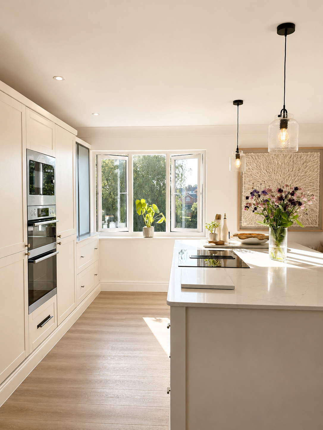 Bright kitchen with white cabinets, a large window, wooden flooring, hanging pendant lights, a kitchen island with a built-in stove, and a vase of flowers on the countertop.