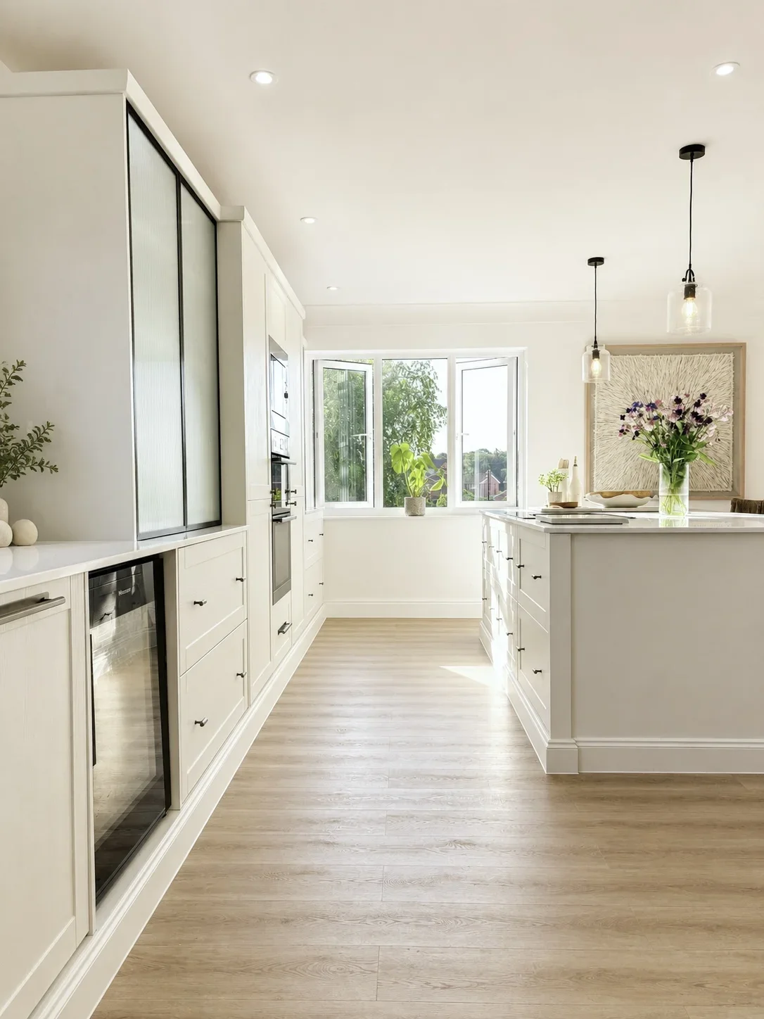 Bright modern kitchen with white cabinets, light wood flooring, large window, and decorative plants.