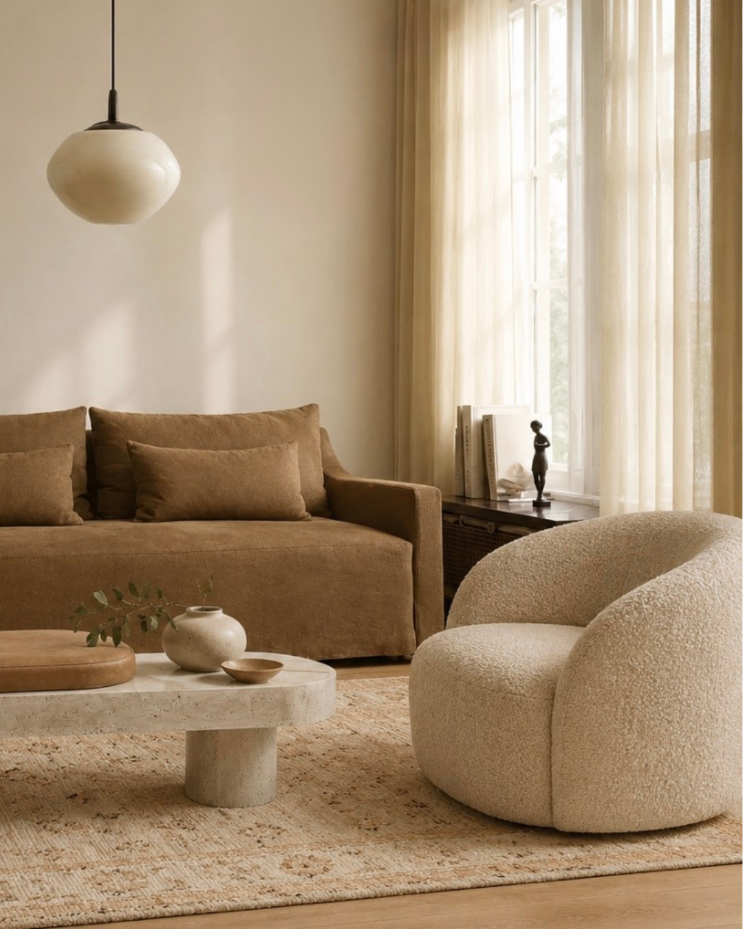A cozy living room with beige sofa and armchair, a round marble coffee table with vases and greenery, a textured rug, and large windows with sheer curtains allow natural light, featuring a decorative sculpture and books on a side table.