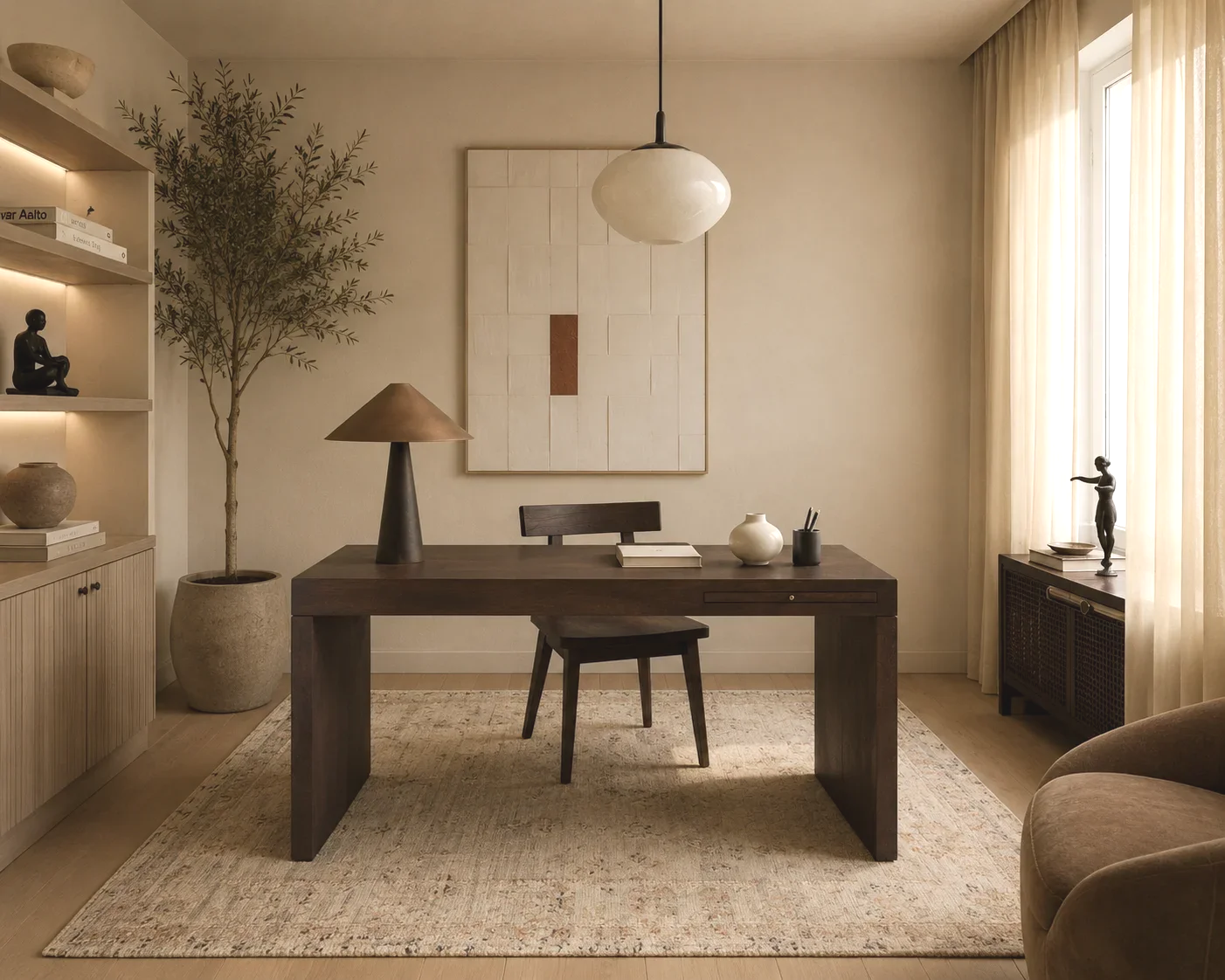 Luxury minimalist home office with a dark wood desk, handcrafted timber chair, bespoke shelving, sheer linen curtains, textured neutral rug and warm layered lighting.