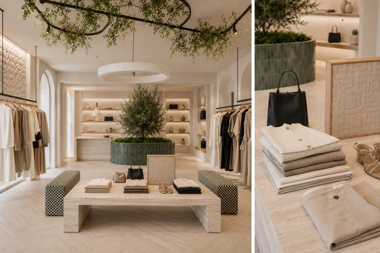Luxury fashion boutique display featuring curated clothing, accessories and bespoke merchandising on a natural stone table, with integrated planting and soft ambient lighting creating an elevated retail experience.