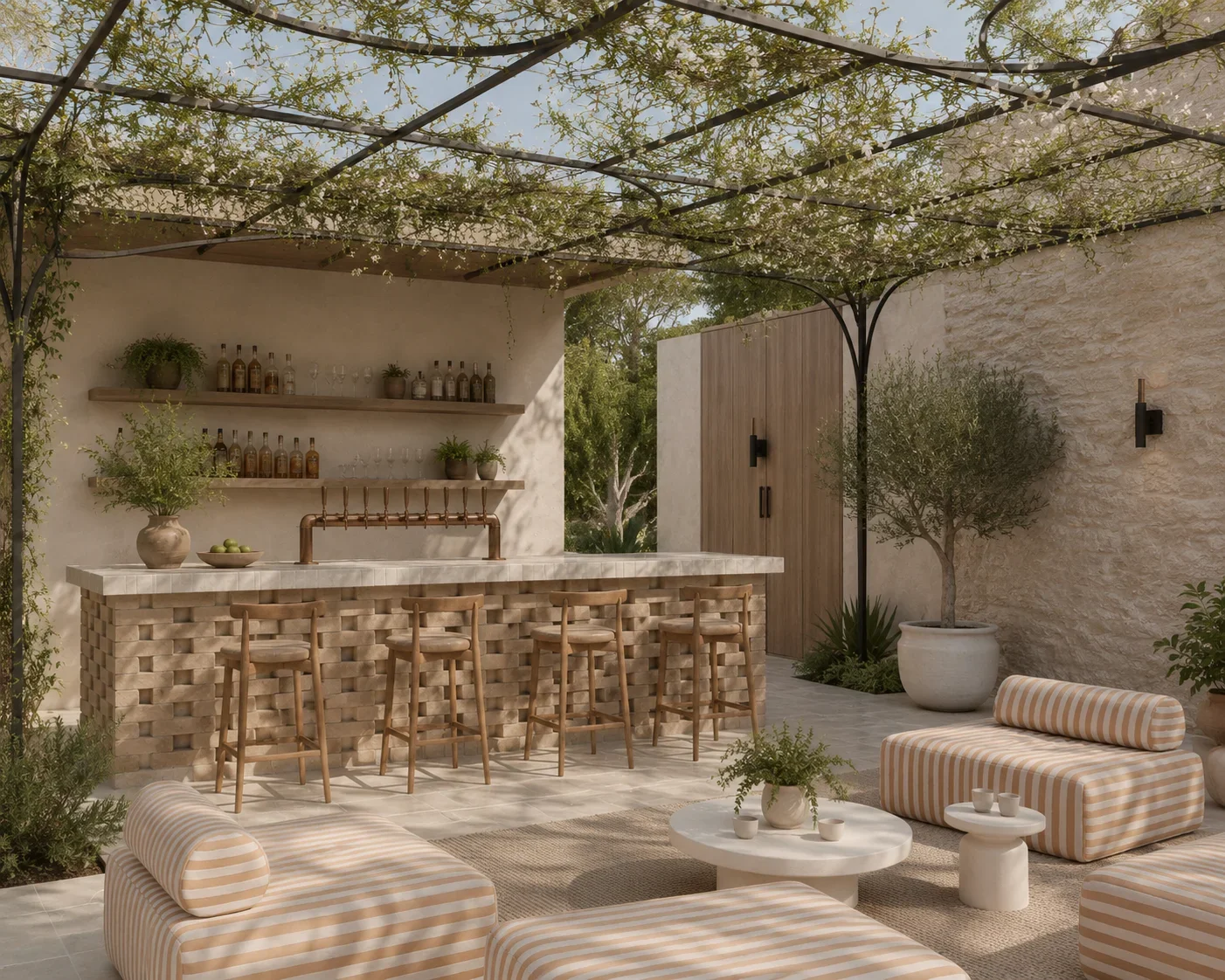 Luxury outdoor bar and terrace design featuring a bespoke stone-clad bar, timber seating, pergola with climbing greenery, and elegant lounge furniture creating a sophisticated alfresco entertaining space.
