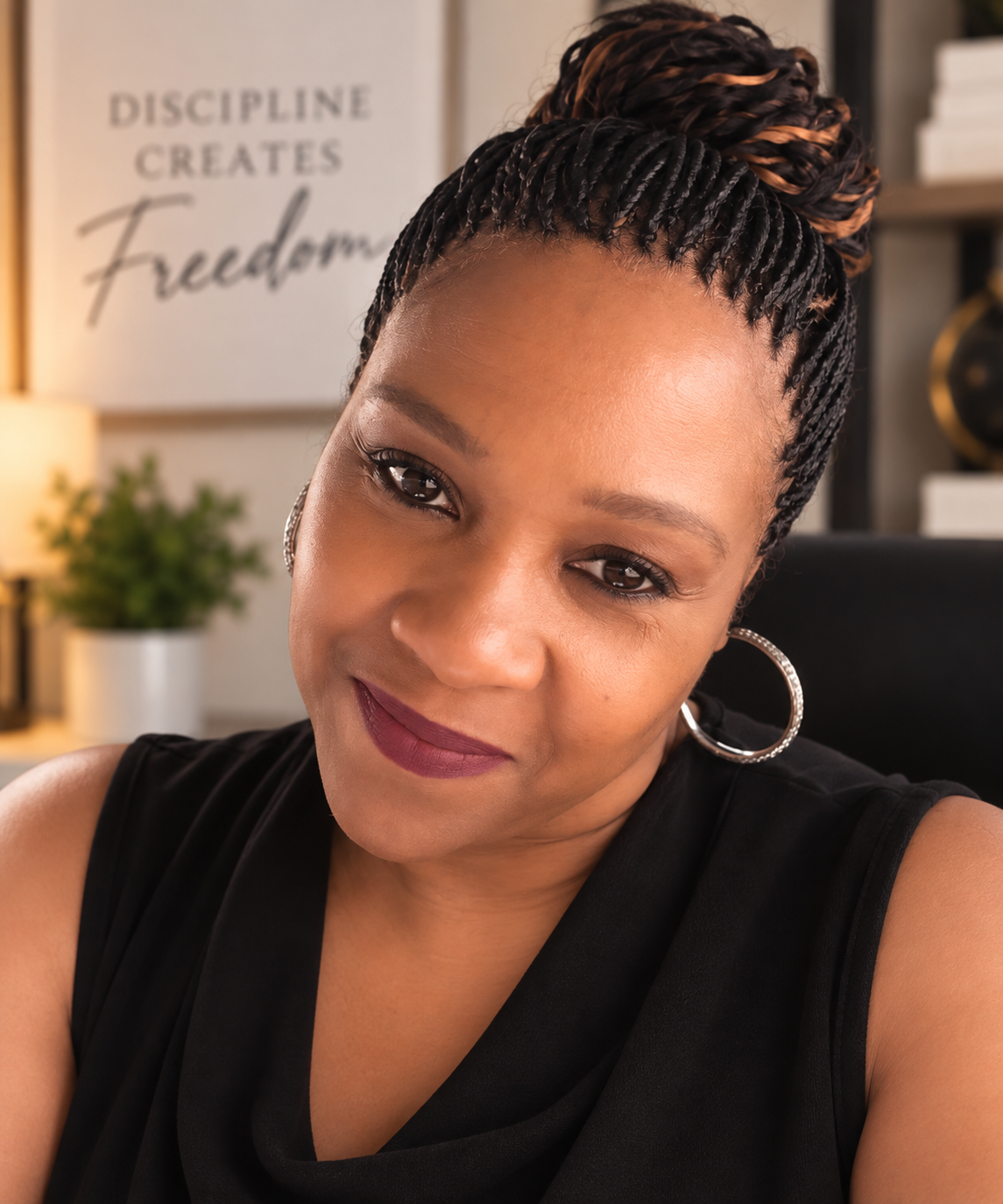 A woman with braided hair styled in an updo, wearing hoop earrings and a black sleeveless top, sitting in an office with a motivational poster and a potted plant in the background.